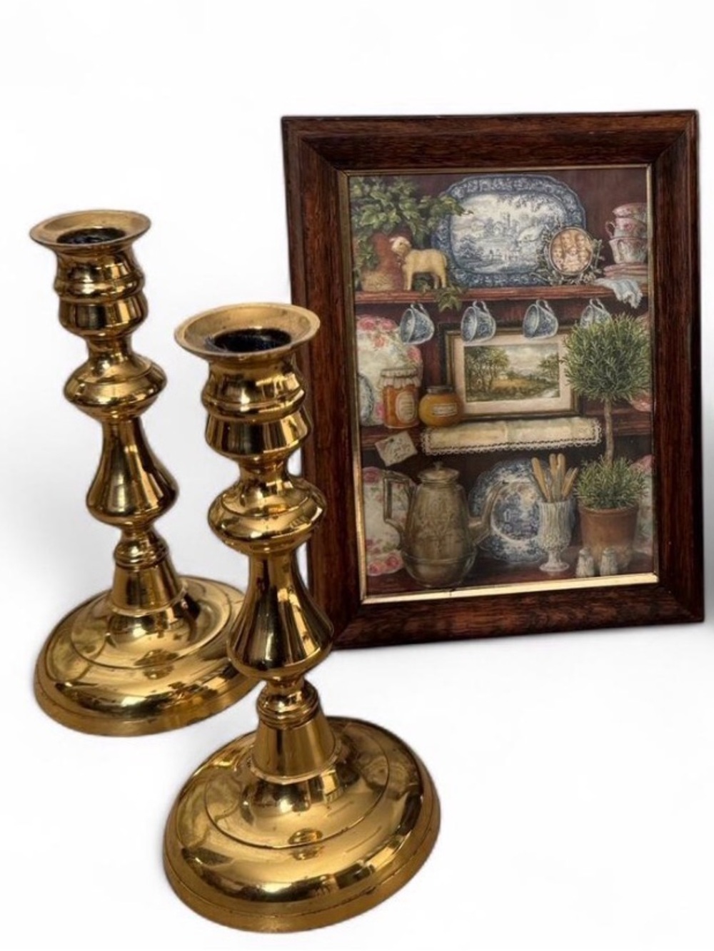 Vintage Cottagecore Bundle- wooden frame and brass candlesticks